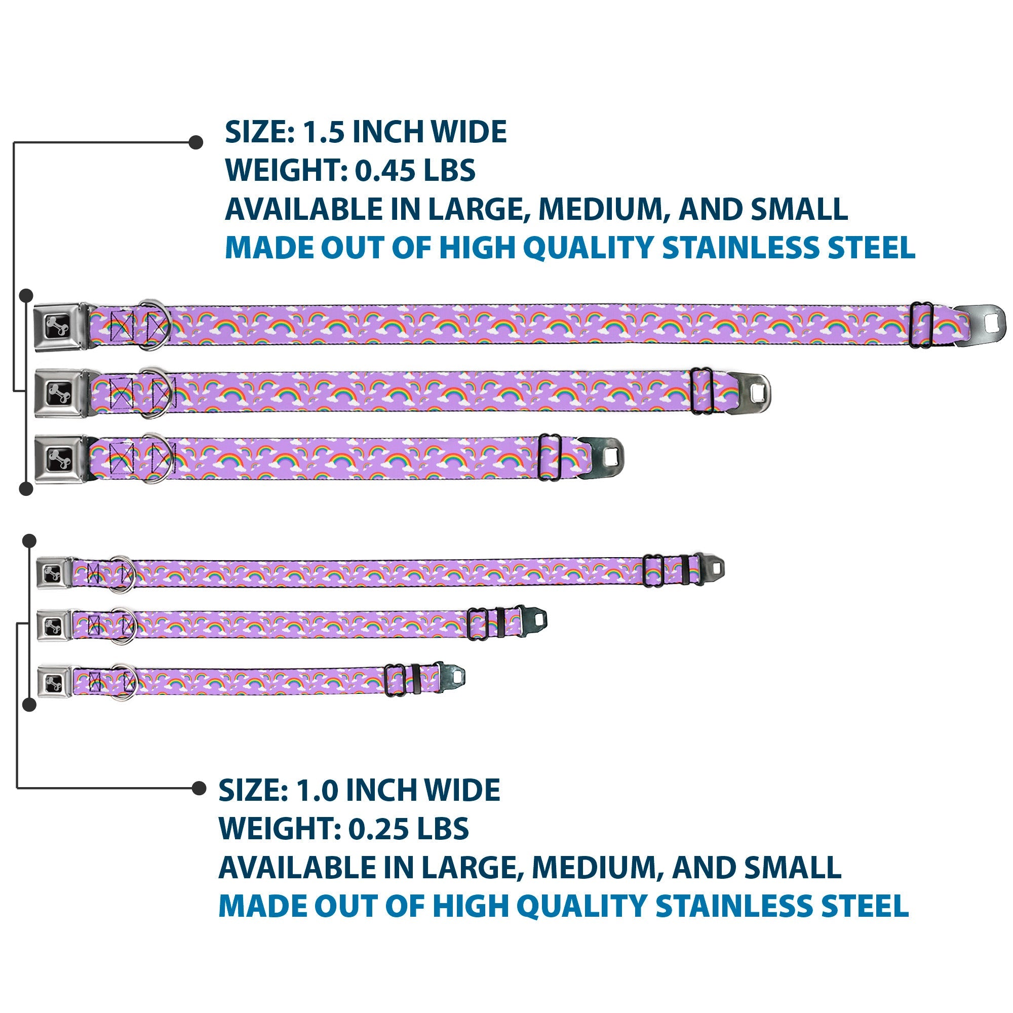Dog Bone Black/Silver Seatbelt Buckle Collar - Rainbows Scattered Lavender