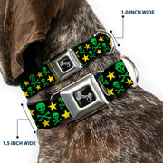 Dog Bone Seatbelt Buckle Collar - Skulls & Stars Black/Green/Yellow