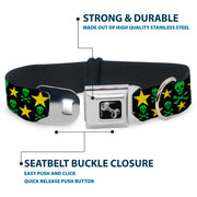 Dog Bone Seatbelt Buckle Collar - Skulls & Stars Black/Green/Yellow