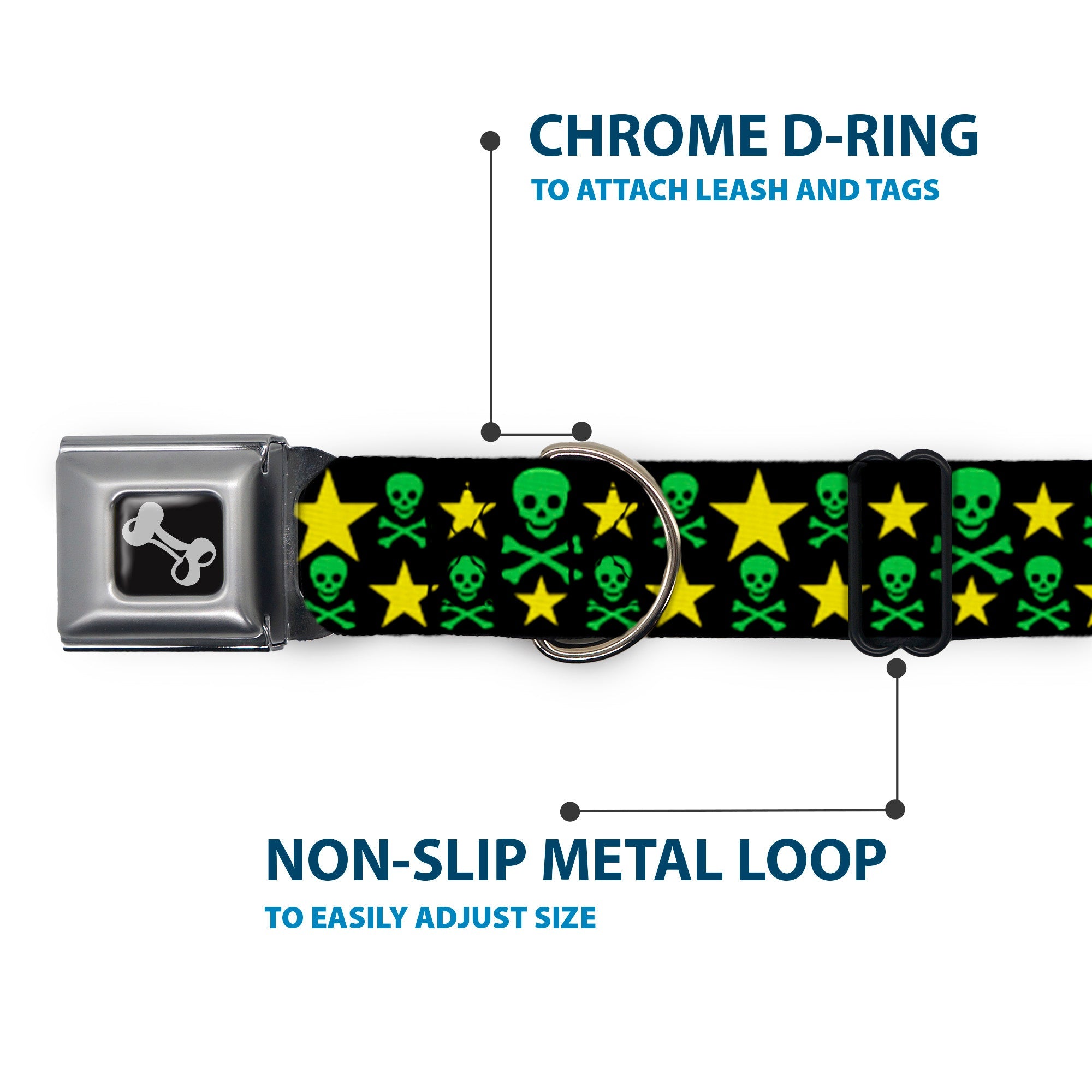 Dog Bone Seatbelt Buckle Collar - Skulls & Stars Black/Green/Yellow