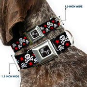 Dog Bone Seatbelt Buckle Collar - Skulls & Stars Black/White/Red