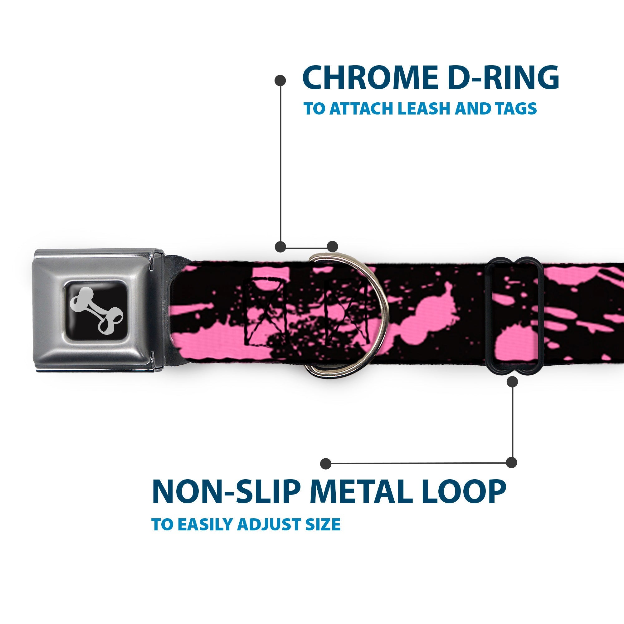 Dog Bone Seatbelt Buckle Collar - Splatter Black/Pink