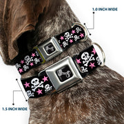Dog Bone Seatbelt Buckle Collar - Skulls & Stars Black/White/Pink