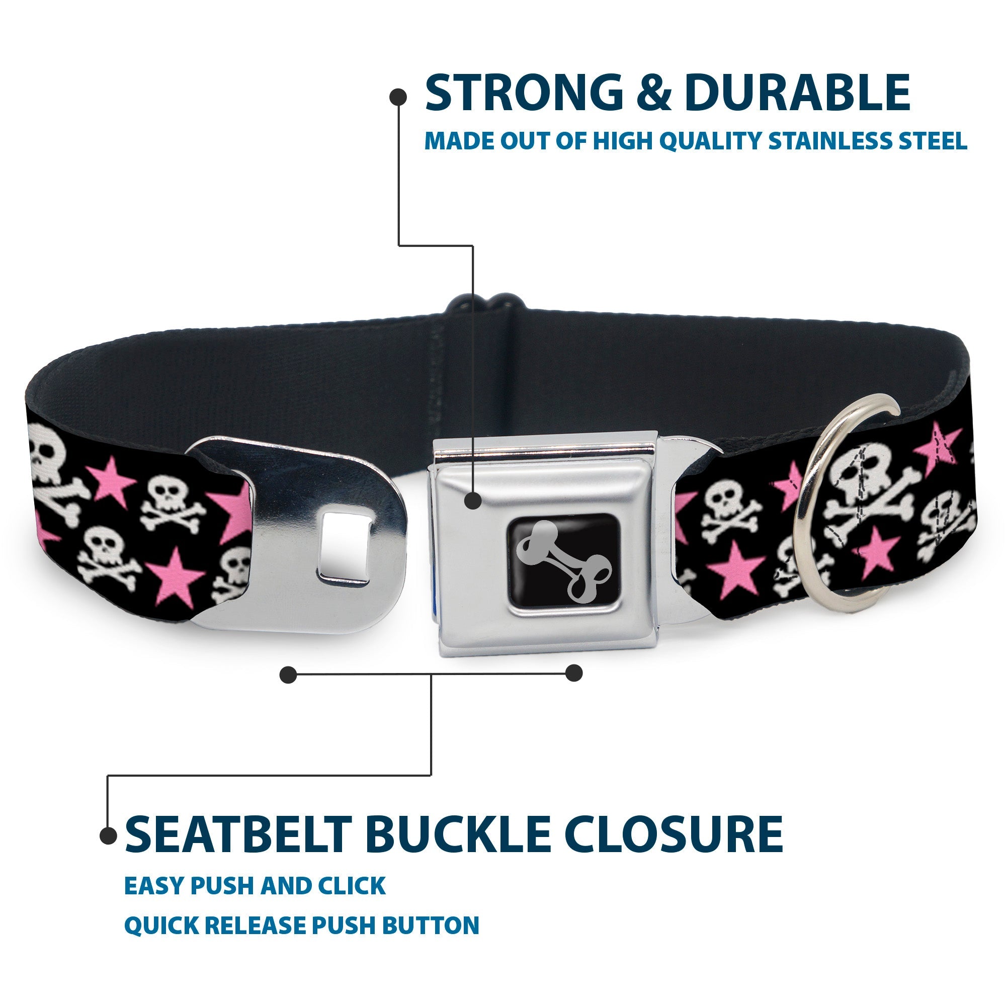 Dog Bone Seatbelt Buckle Collar - Skulls & Stars Black/White/Pink