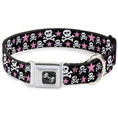 Load image into Gallery viewer, Dog Bone Seatbelt Buckle Collar - Skulls & Stars Black/White/Pink
