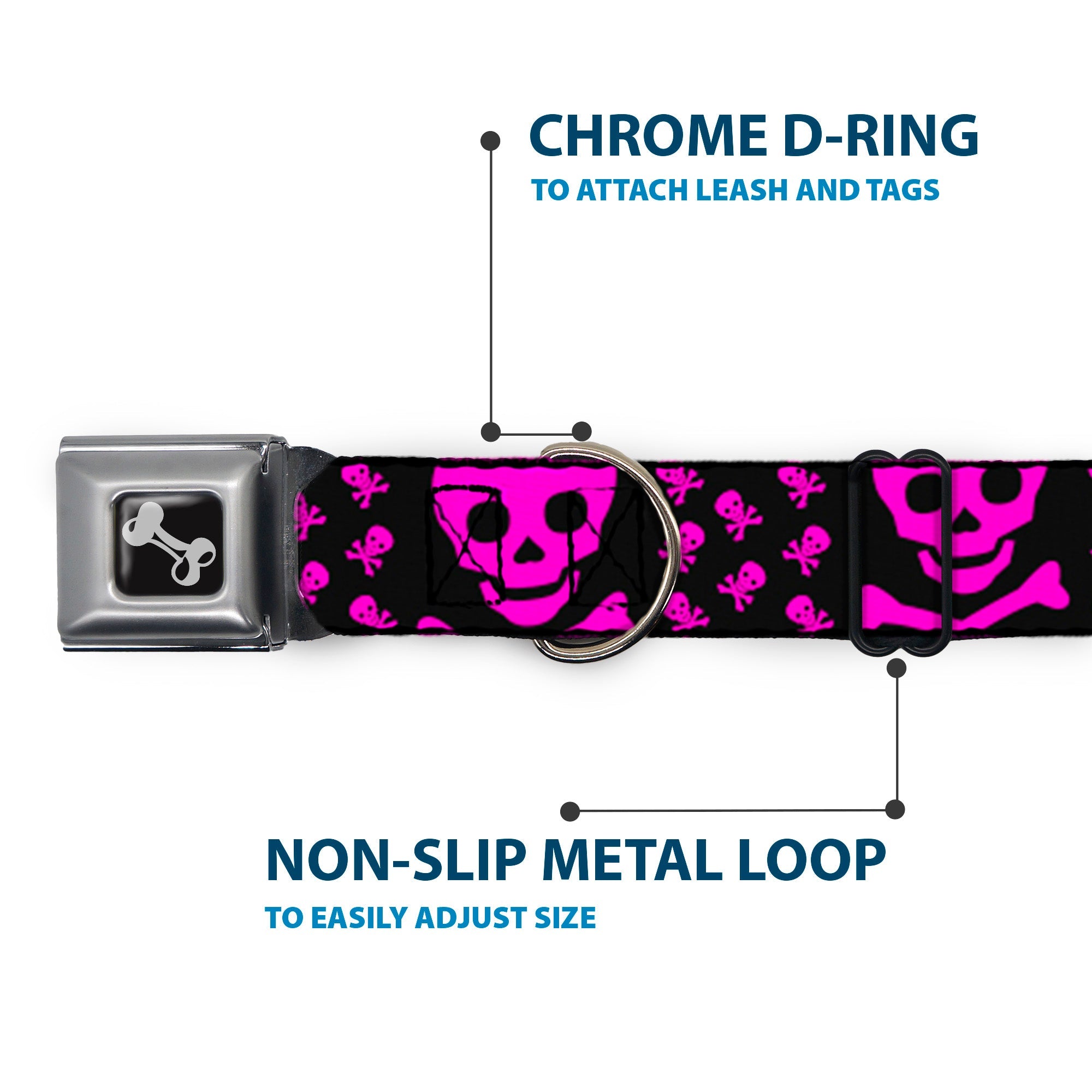 Dog Bone Seatbelt Buckle Collar - Skull w/Babies Black/Fuchsia
