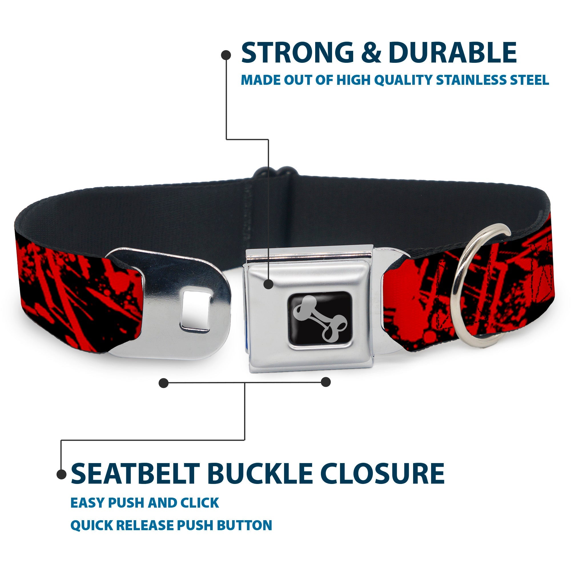 Dog Bone Seatbelt Buckle Collar - Splatter Black/Red