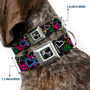 Dog Bone Seatbelt Buckle Collar - Sketch Skull/Star/Heart/Checker Black/Multi