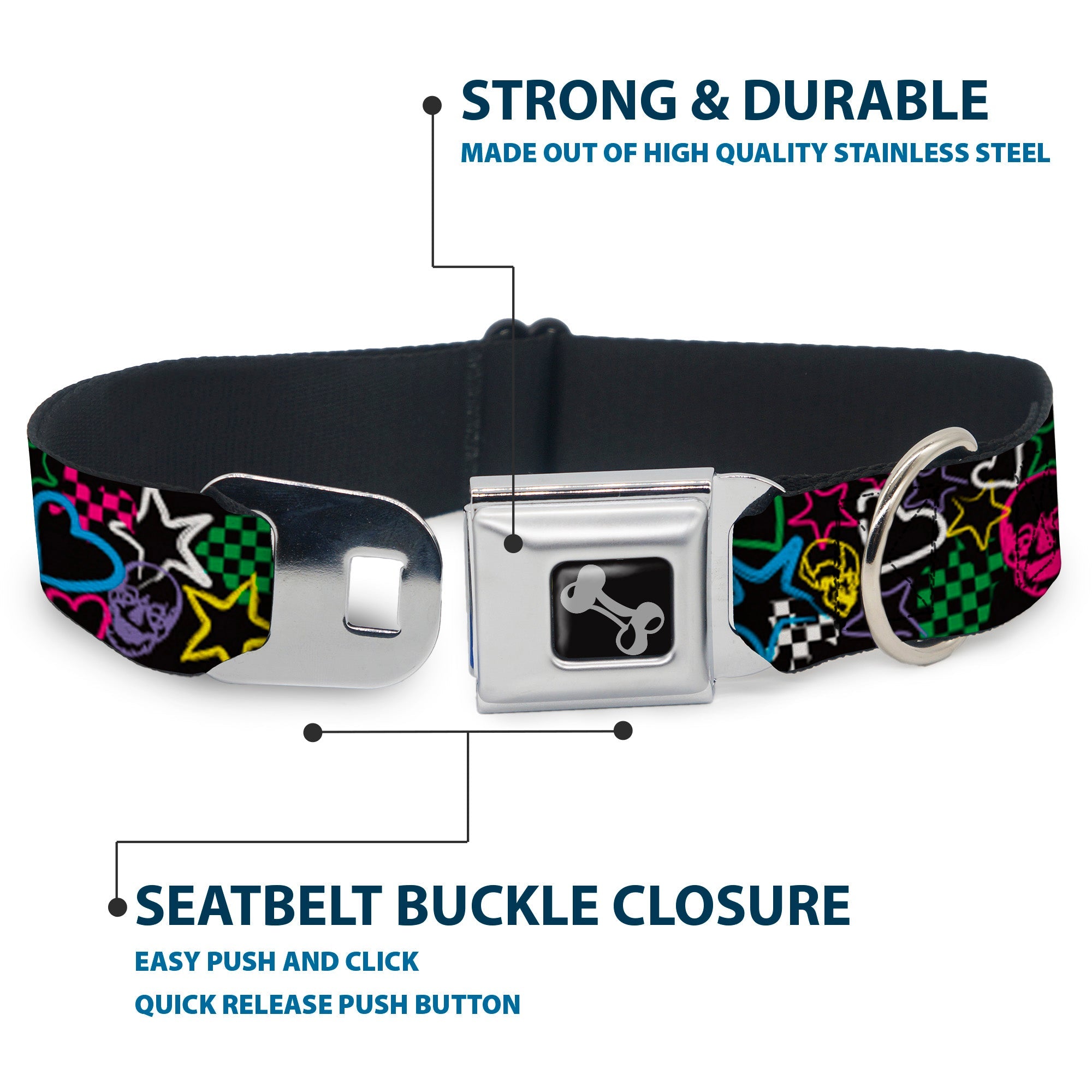 Dog Bone Seatbelt Buckle Collar - Sketch Skull/Star/Heart/Checker Black/Multi