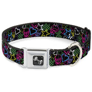 Dog Bone Seatbelt Buckle Collar - Sketch Skull/Star/Heart/Checker Black/Multi