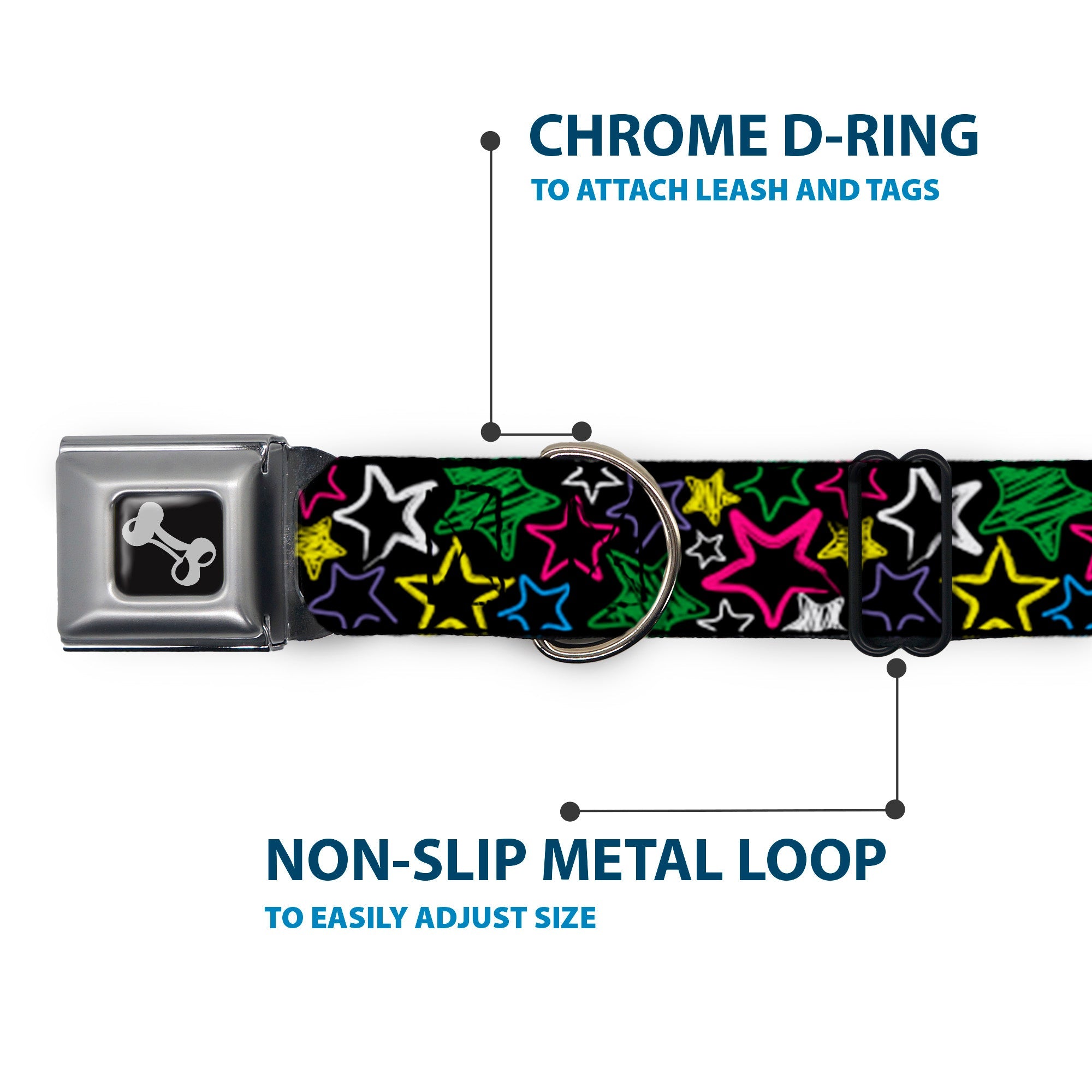 Dog Bone Seatbelt Buckle Collar - Sketch Stars Black/Multi Color