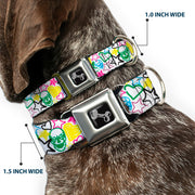 Dog Bone Seatbelt Buckle Collar - Sketch Skull/Star/Heart White/Multi Color