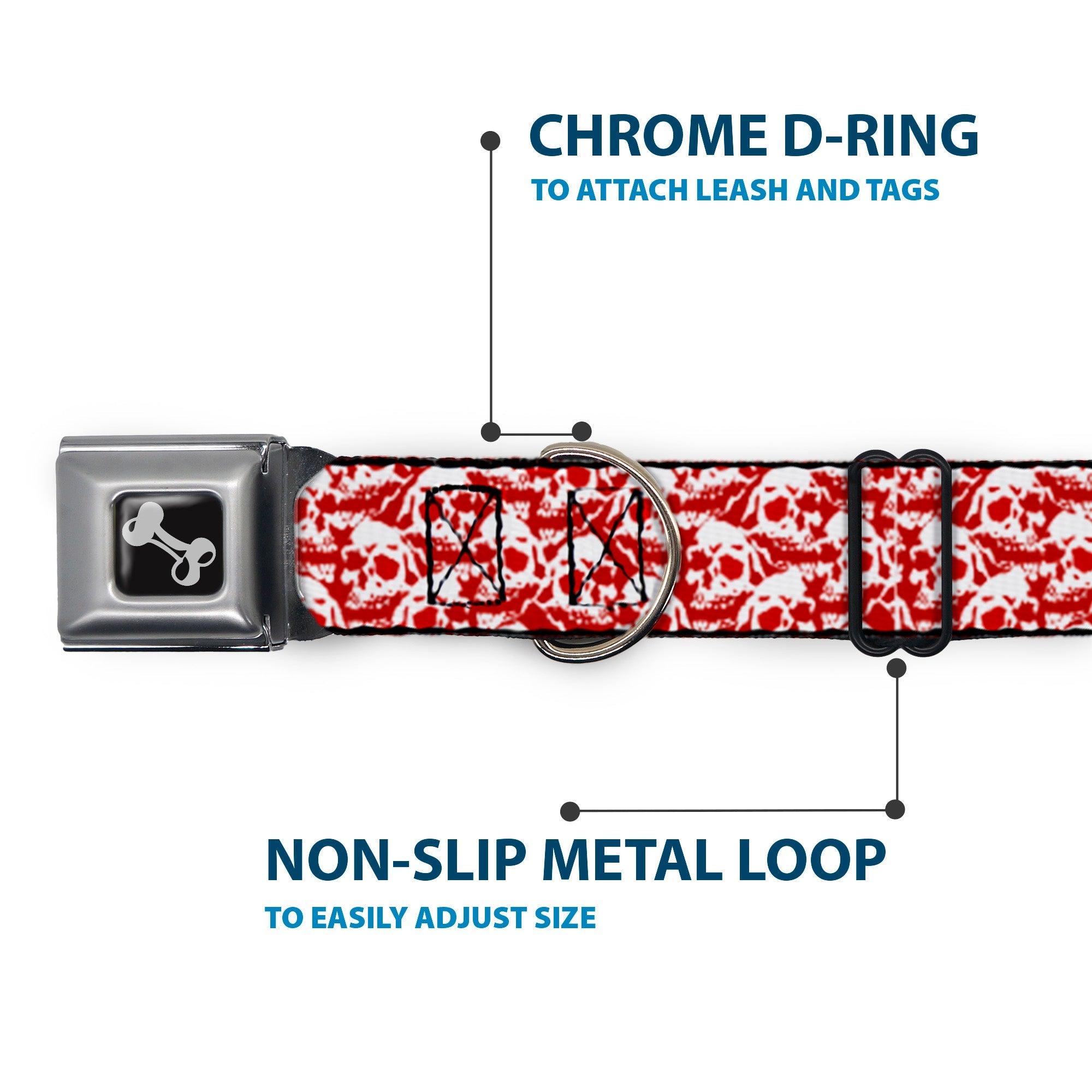 Dog Bone Seatbelt Buckle Collar - Skull Yard Red/White