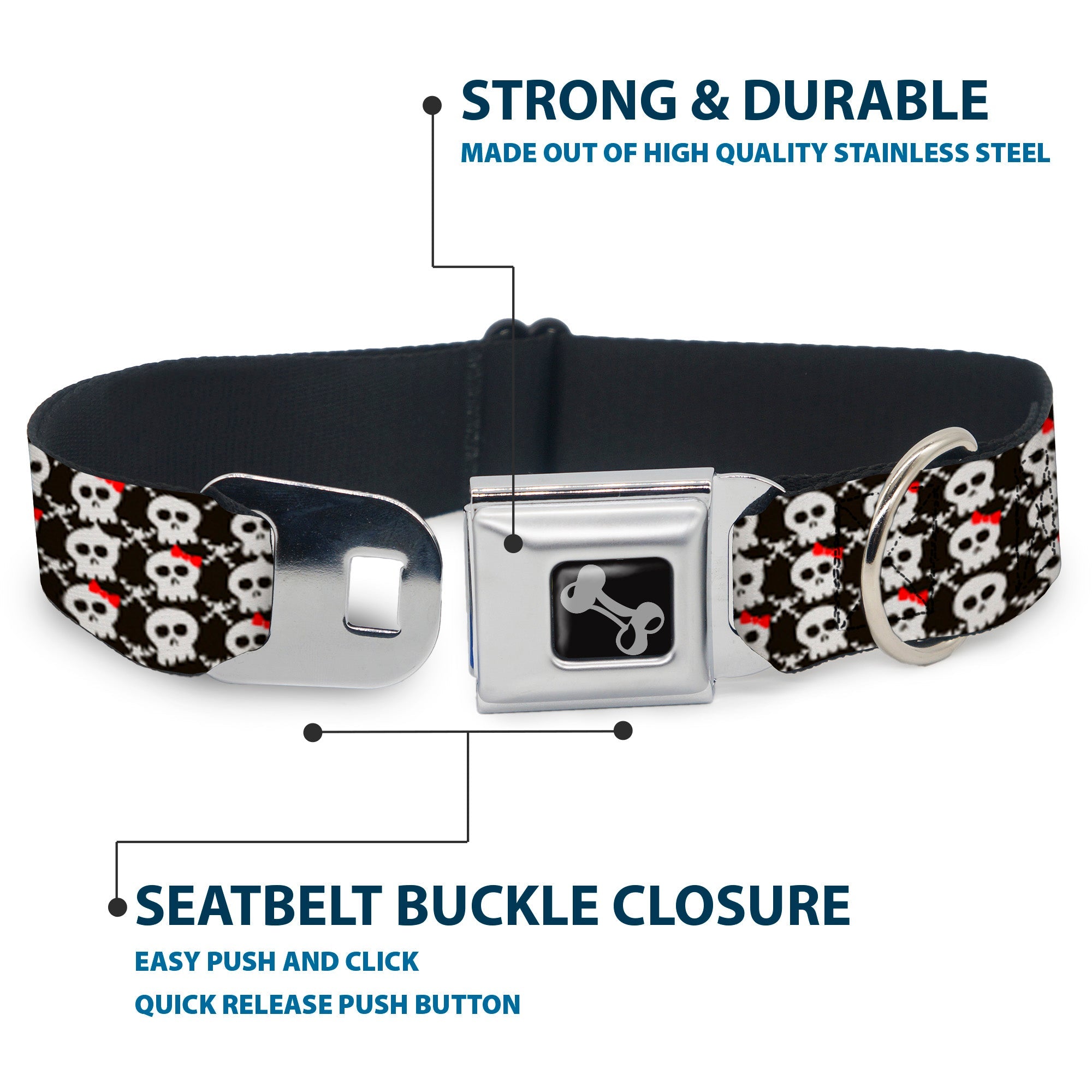 Dog Bone Seatbelt Buckle Collar - Skull w/Bow Black/White/Red