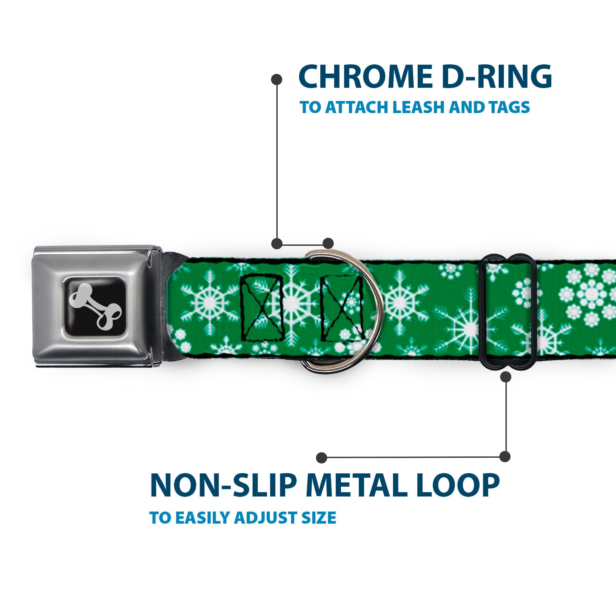 Dog Bone Seatbelt Buckle Collar - Snowflakes Green/White