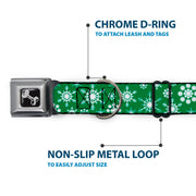 Dog Bone Seatbelt Buckle Collar - Snowflakes Green/White