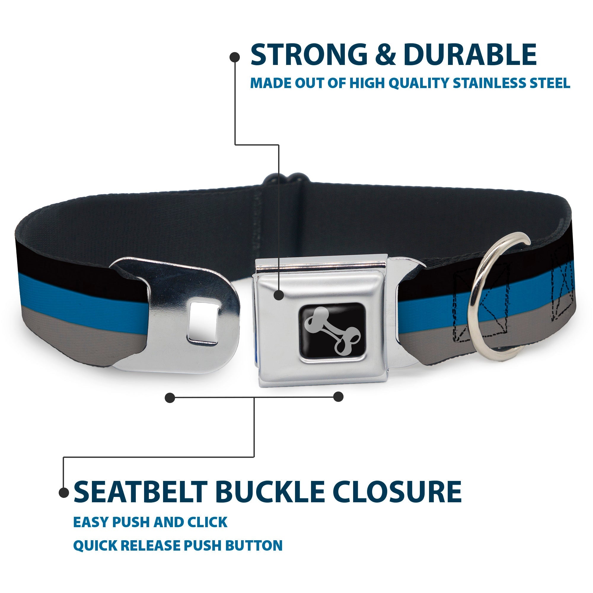 Dog Bone Seatbelt Buckle Collar - Stripes Black/Turquoise/Gray