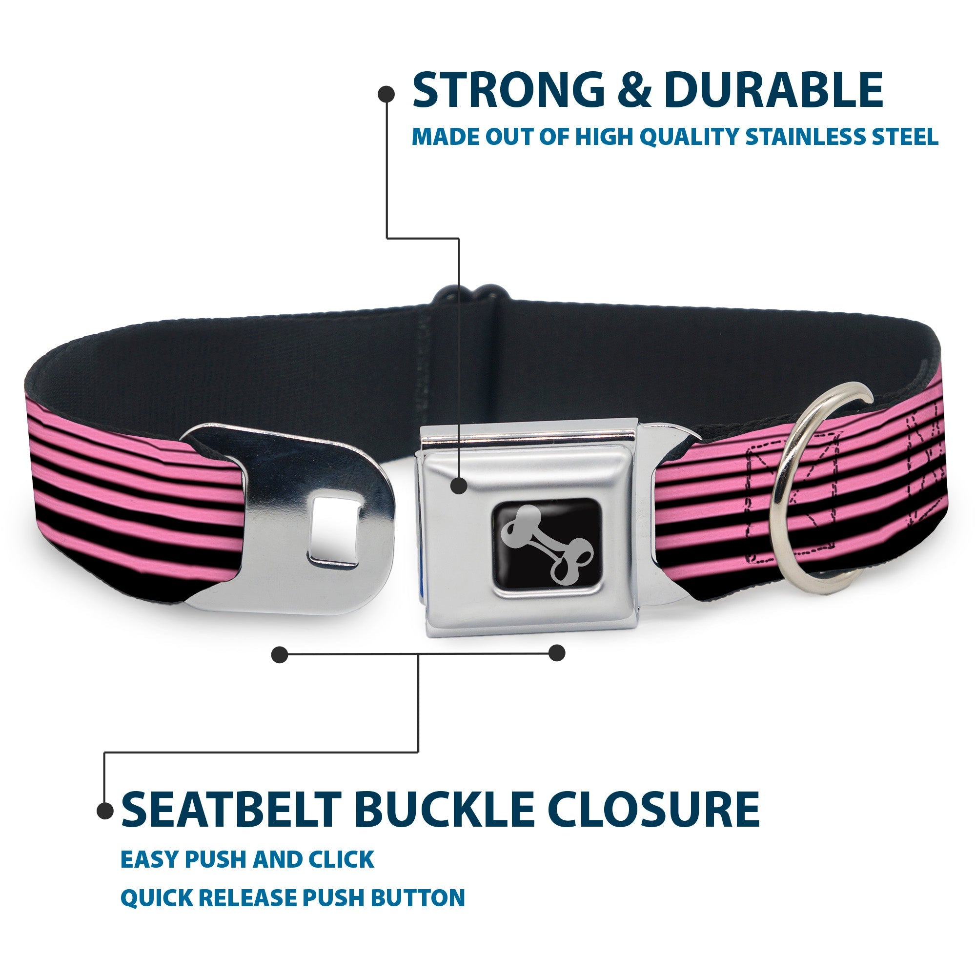 Dog Bone Seatbelt Buckle Collar - Stripe Transition Black/Pink