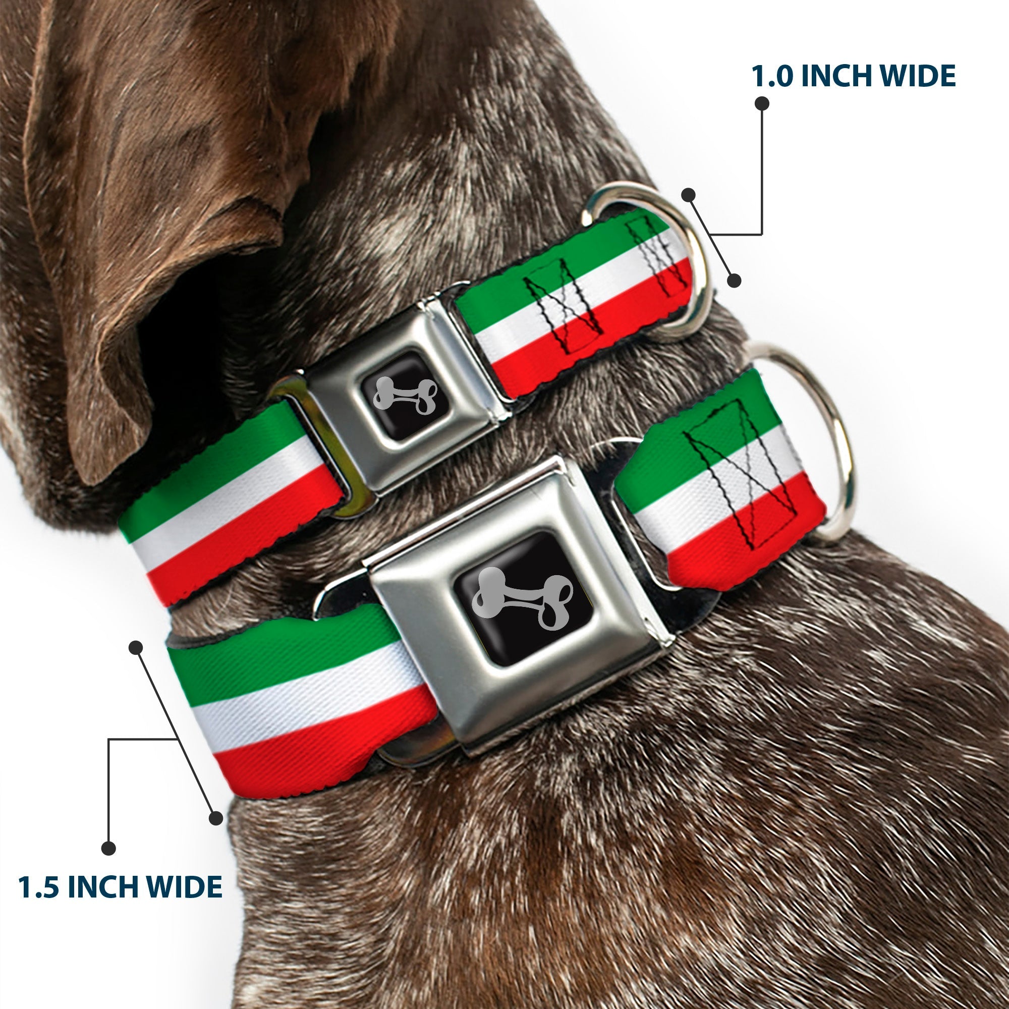 Dog Bone Seatbelt Buckle Collar - Stripes Green/White/Red