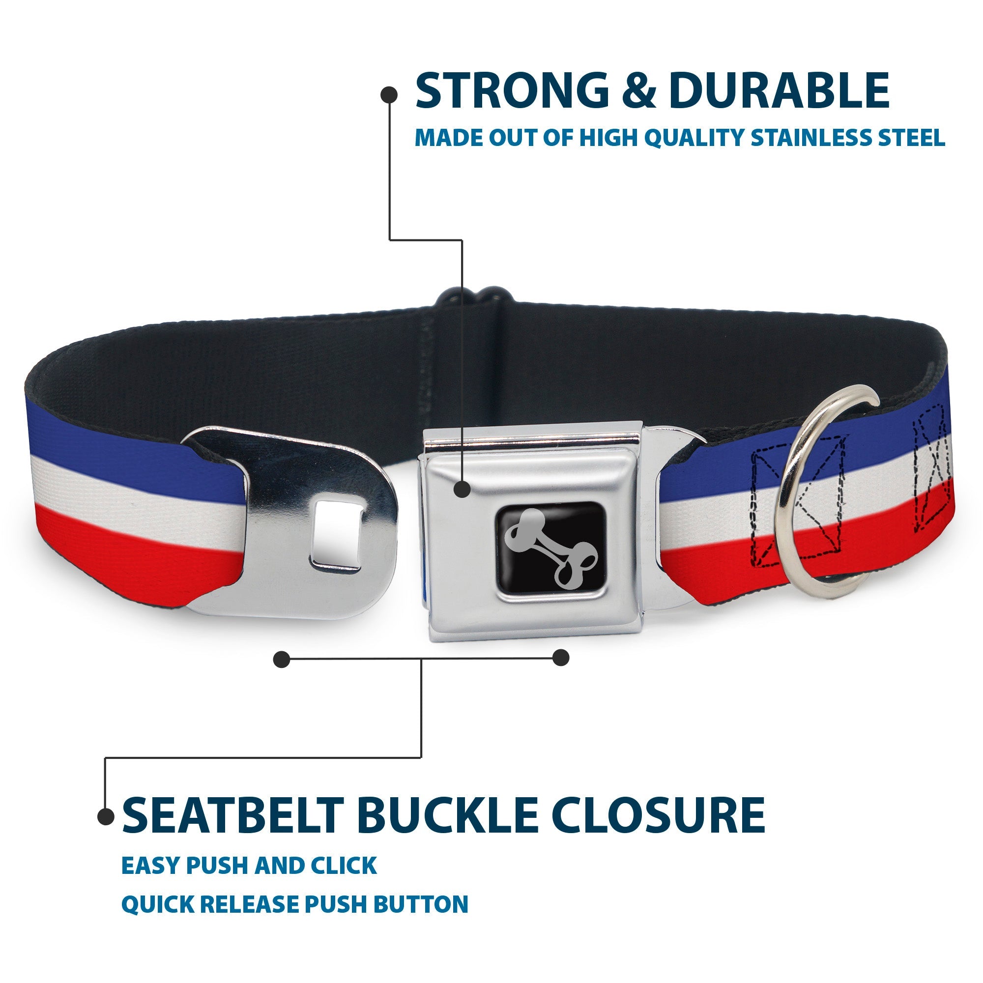 Dog Bone Seatbelt Buckle Collar - Stripes Blue/White/Red