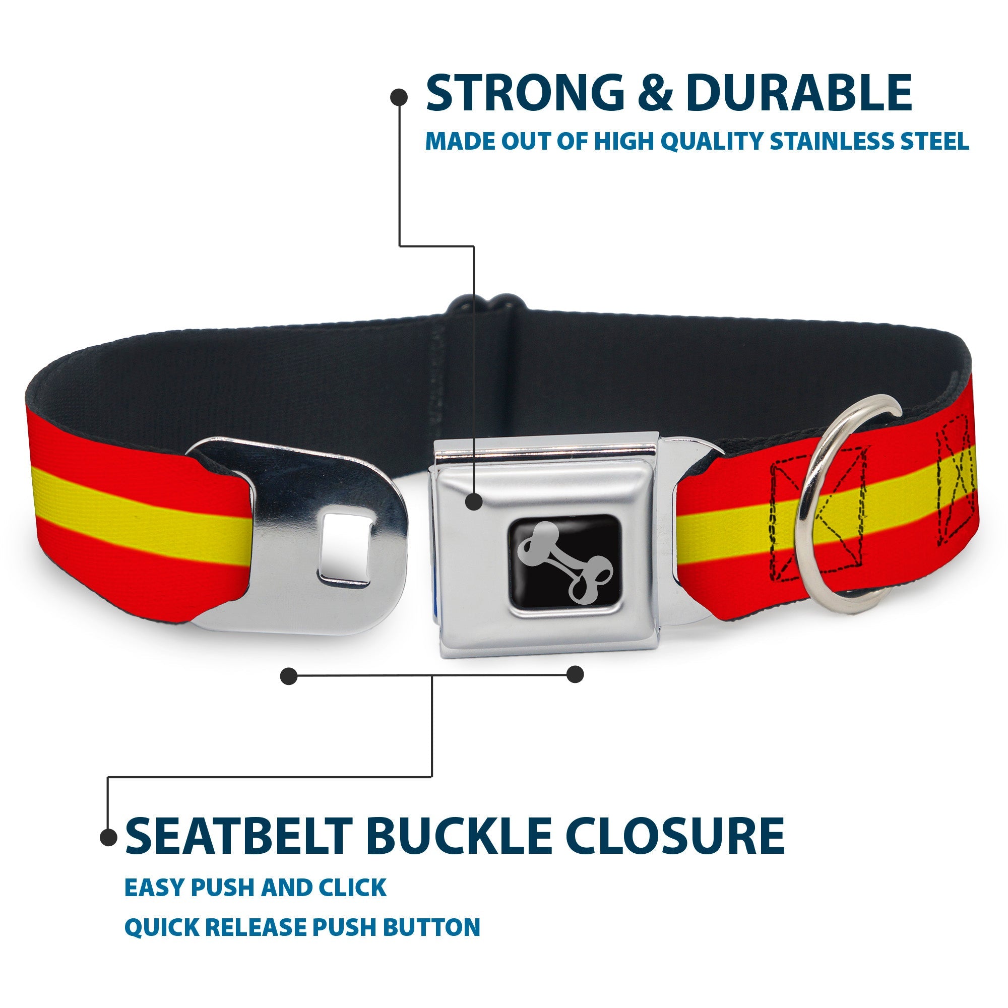 Dog Bone Seatbelt Buckle Collar - Stripes Red/Yellow/Red