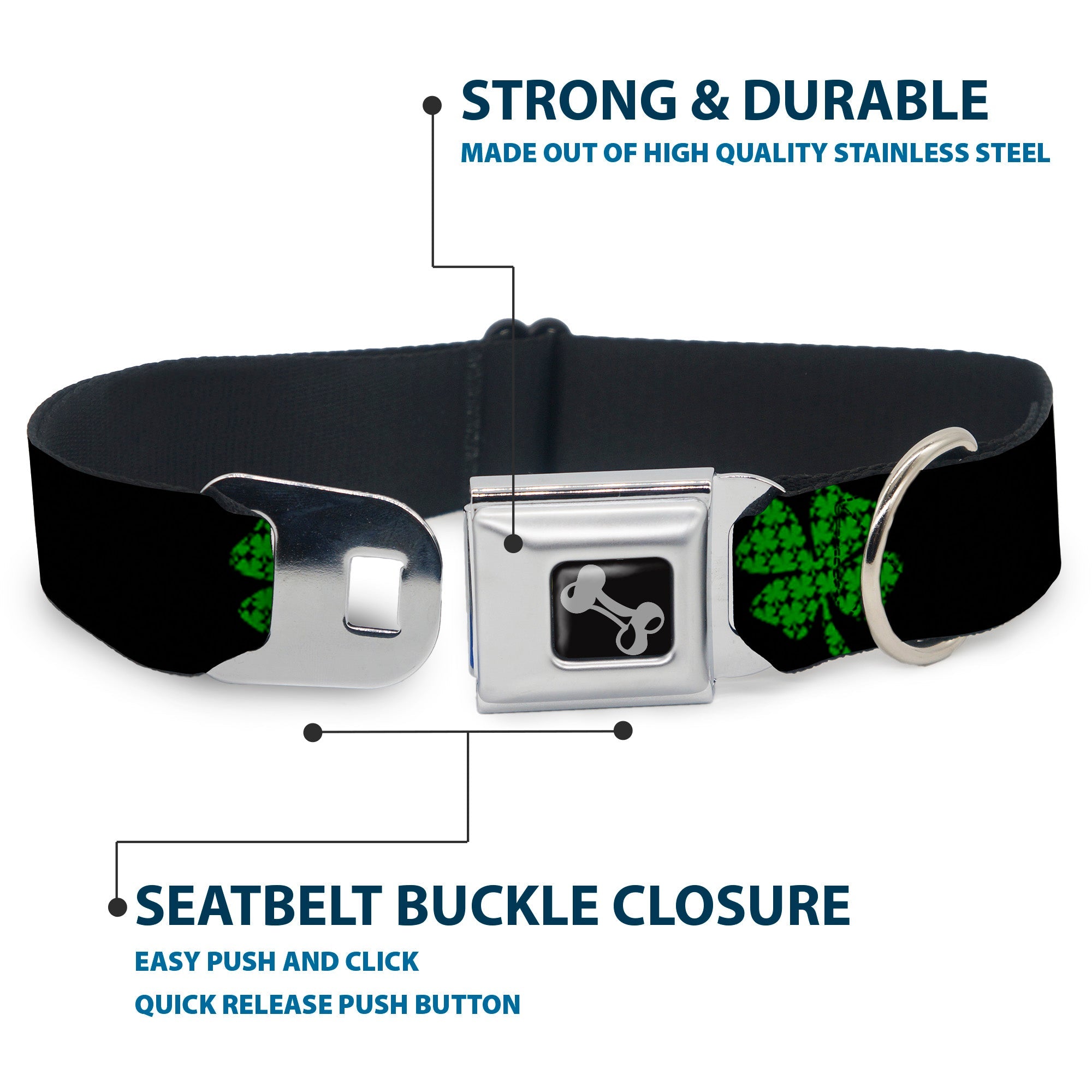 Dog Bone Seatbelt Buckle Collar - St. Pat's Black/Clovers