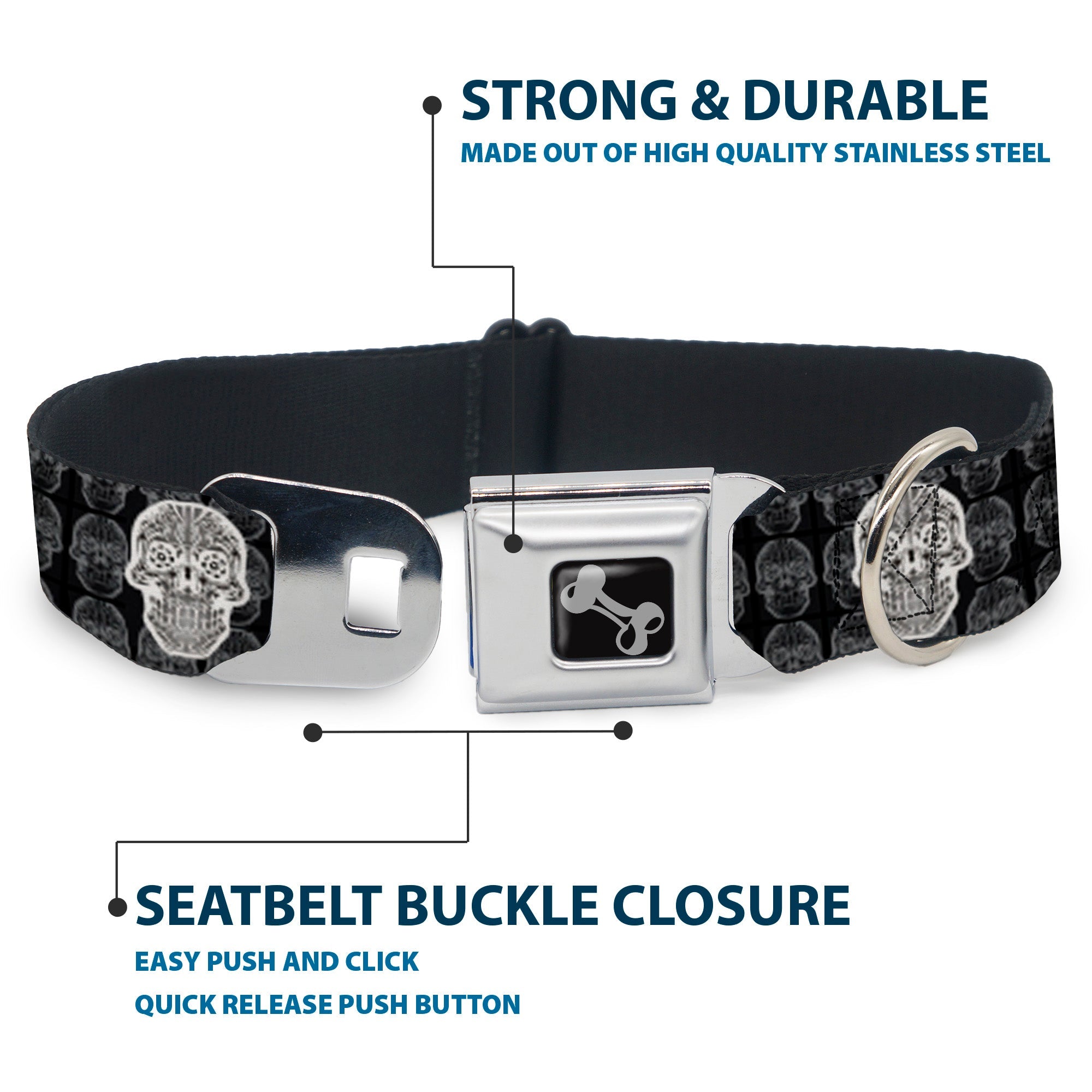 Dog Bone Seatbelt Buckle Collar - Skull Candy Black/Gray/White