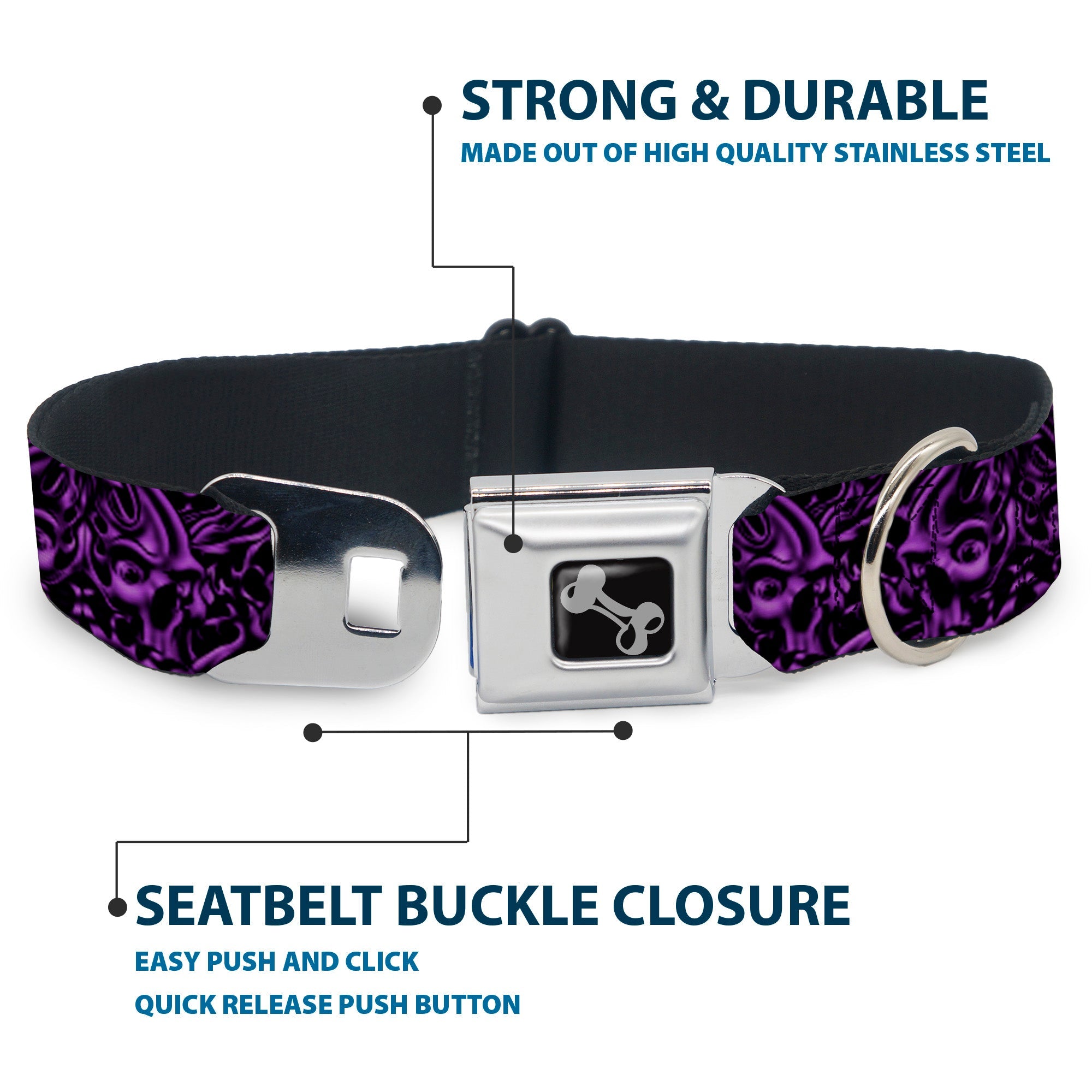 Dog Bone Seatbelt Buckle Collar - Sleeve Skulls Black/Purple