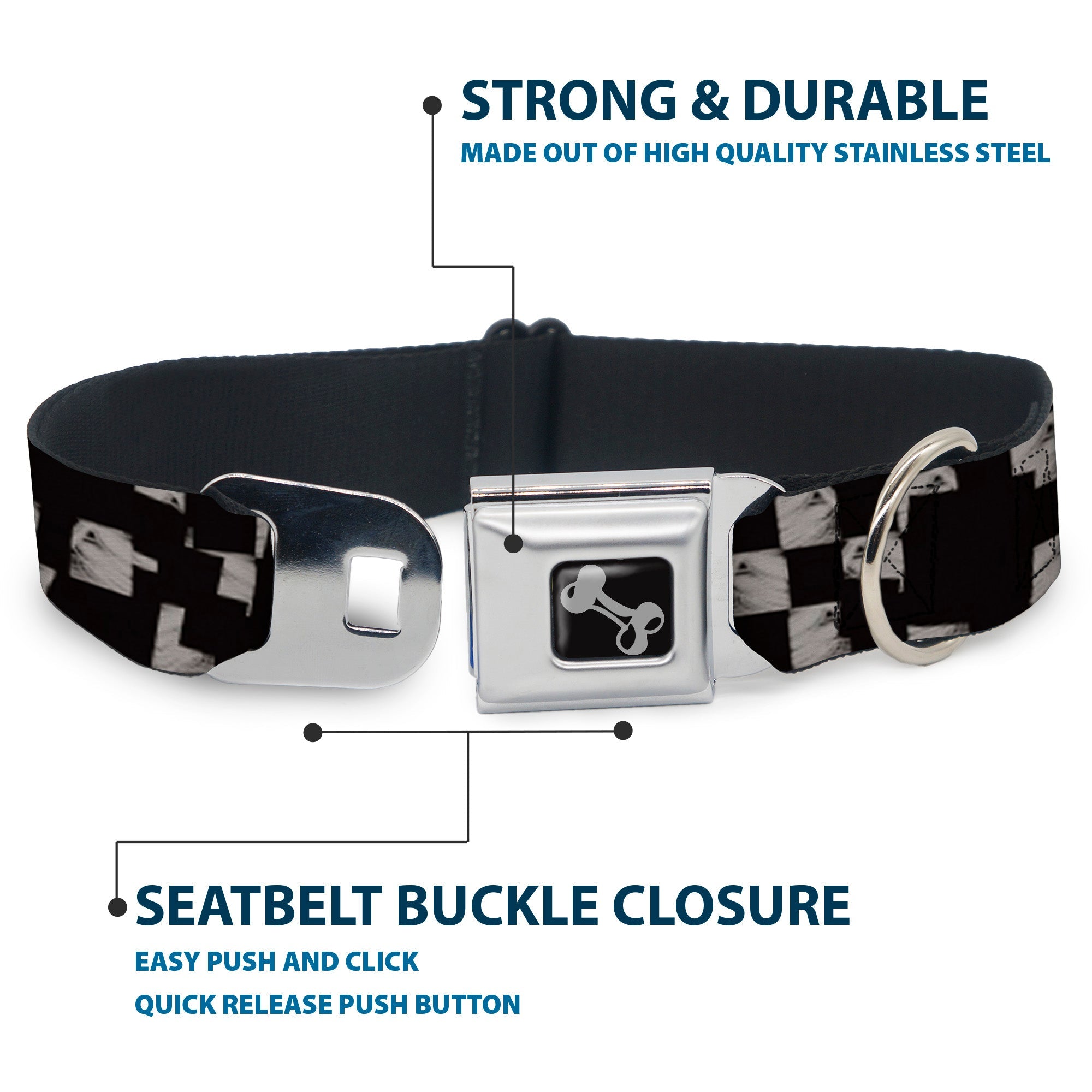 Dog Bone Seatbelt Buckle Collar - Scribble Checker Black/White
