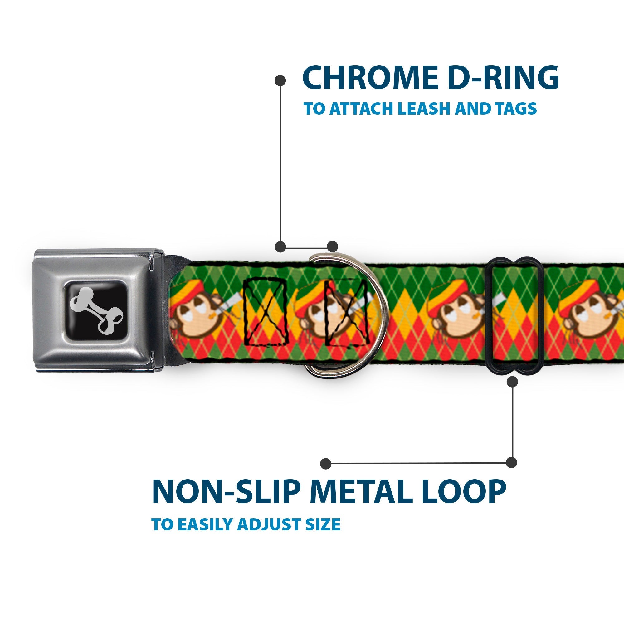 Dog Bone Seatbelt Buckle Collar - Smoking Monkey Repeat Argyle Rasta