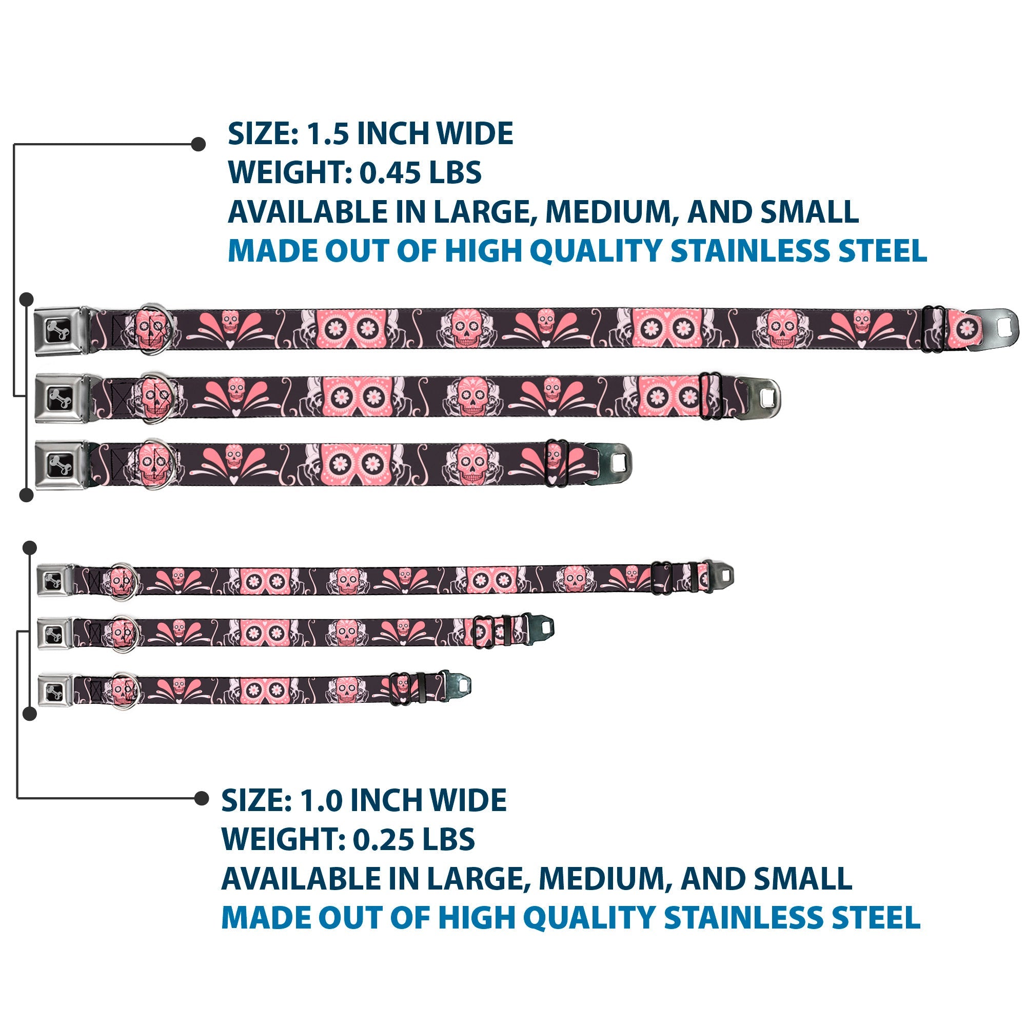 Dog Bone Seatbelt Buckle Collar - Sugar Skulls Gray/Pink