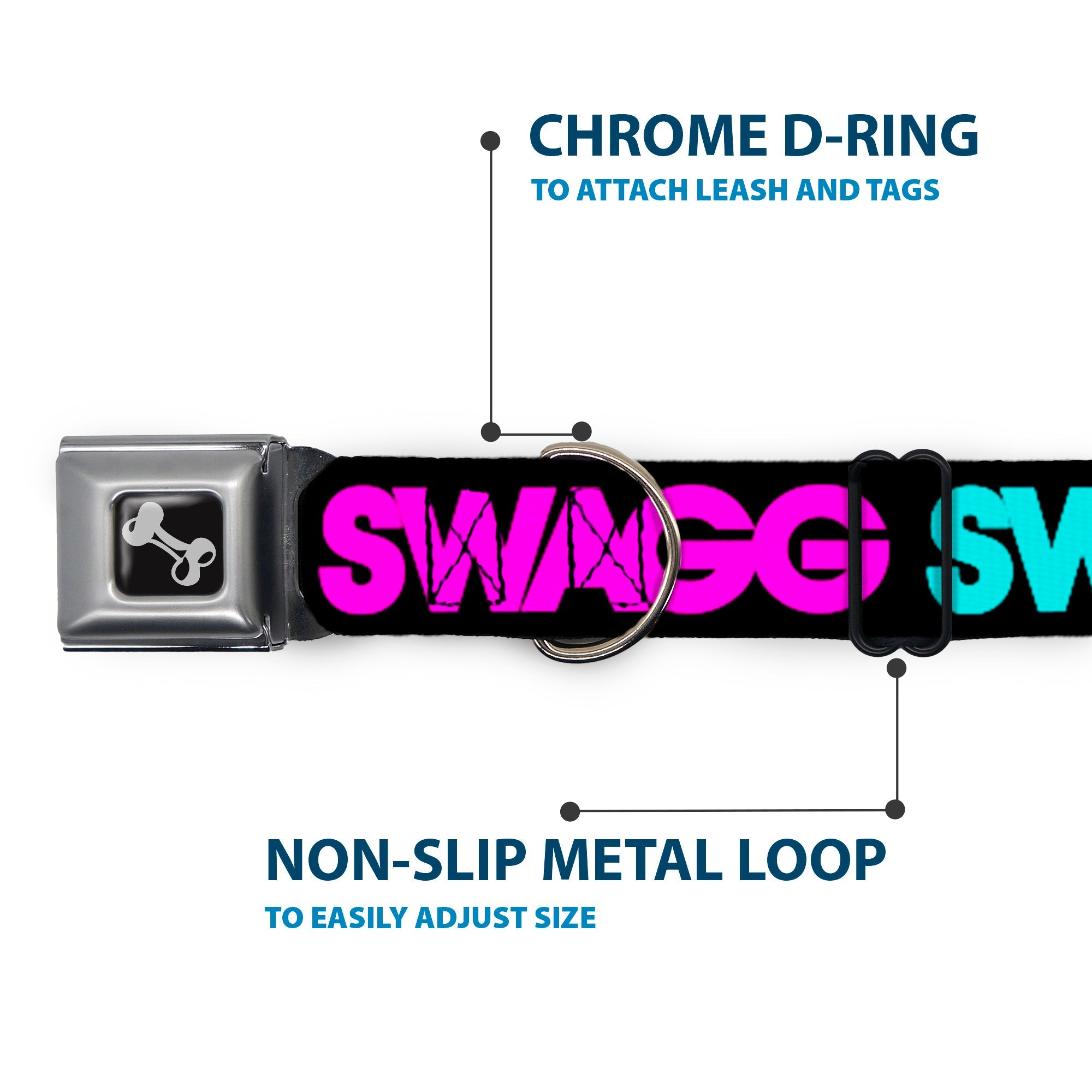 Dog Bone Seatbelt Buckle Collar - SWAGG Black/Hot Pink/Turquoise/Purple/Neon Green