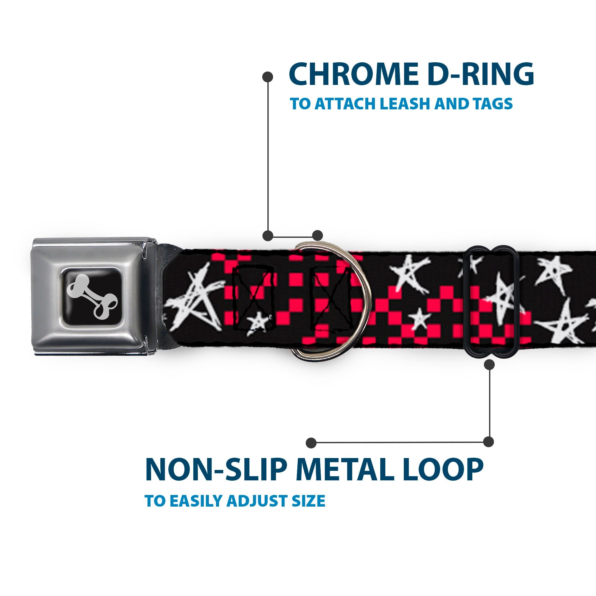 Dog Bone Seatbelt Buckle Collar - Sketch Stars w/Checkers Black/Fuchsia/White