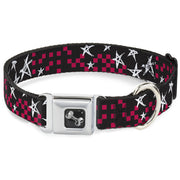 Dog Bone Seatbelt Buckle Collar - Sketch Stars w/Checkers Black/Fuchsia/White