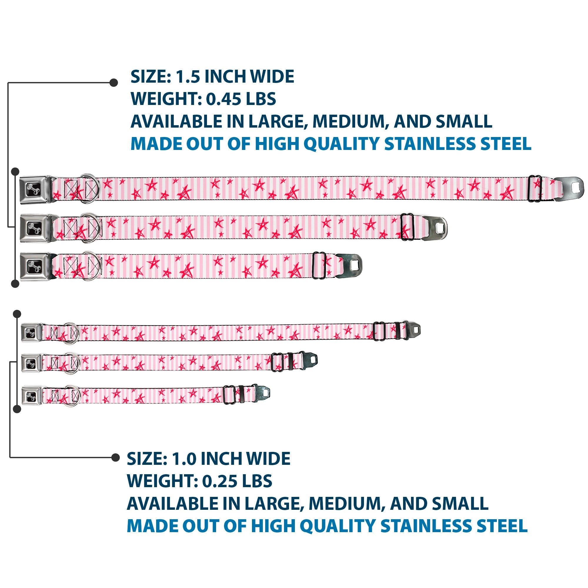 Dog Bone Seatbelt Buckle Collar - Sketch Stars w/Stripes Pink/White/Fuchsia