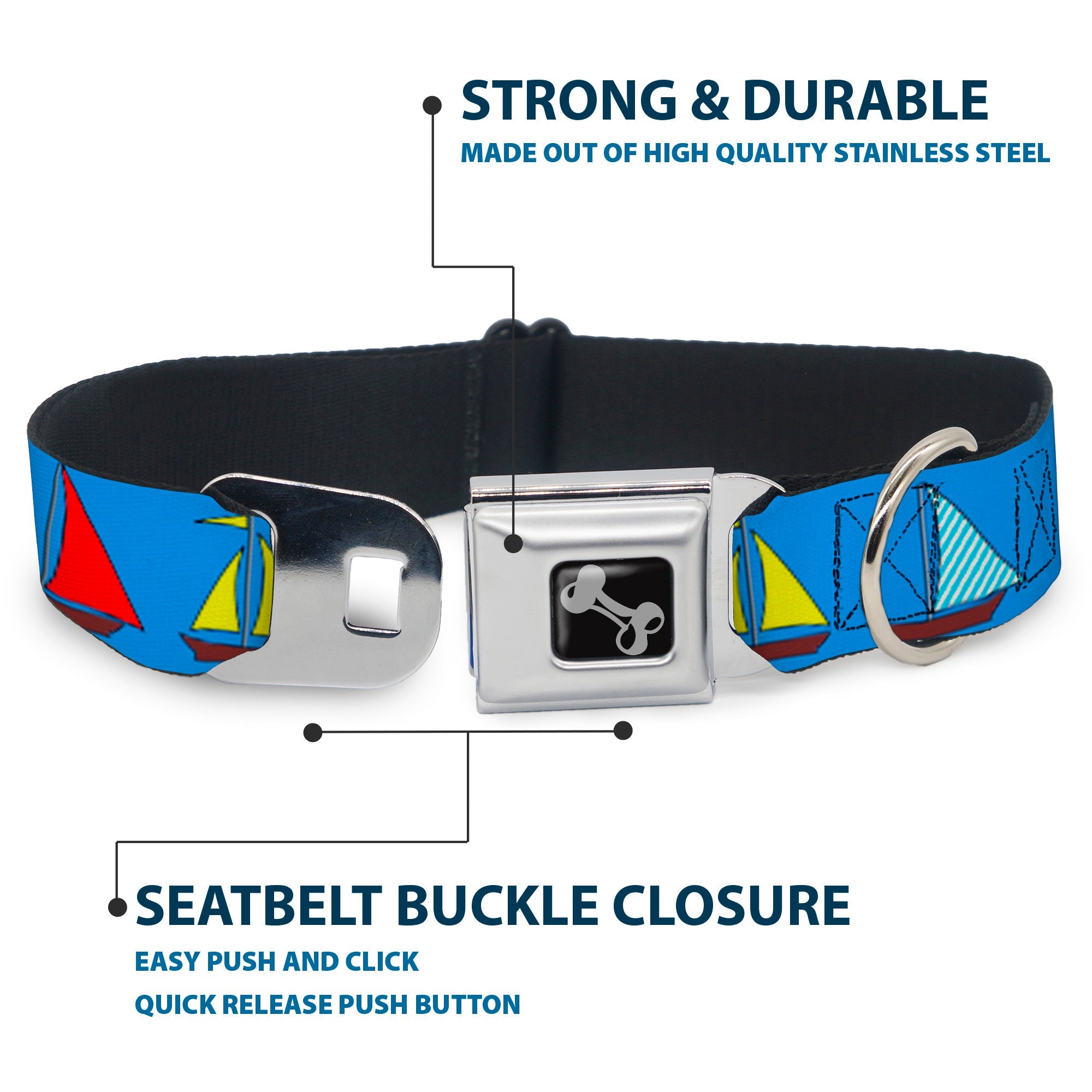 Dog Bone Seatbelt Buckle Collar - Sailboats Blue