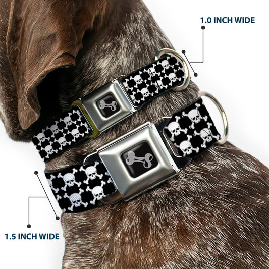 Dog Bone Seatbelt Buckle Collar - Top Skulls Black/White
