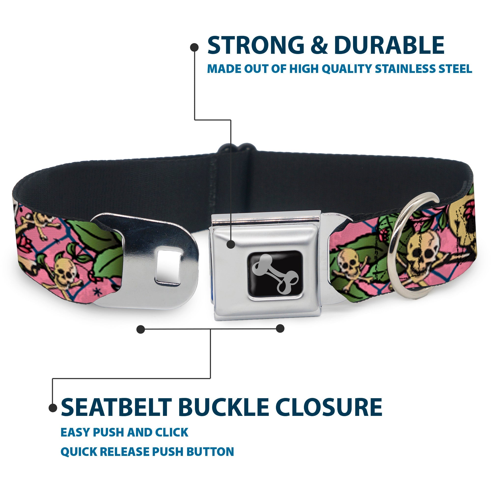 Dog Bone Seatbelt Buckle Collar - Trust No One Pink