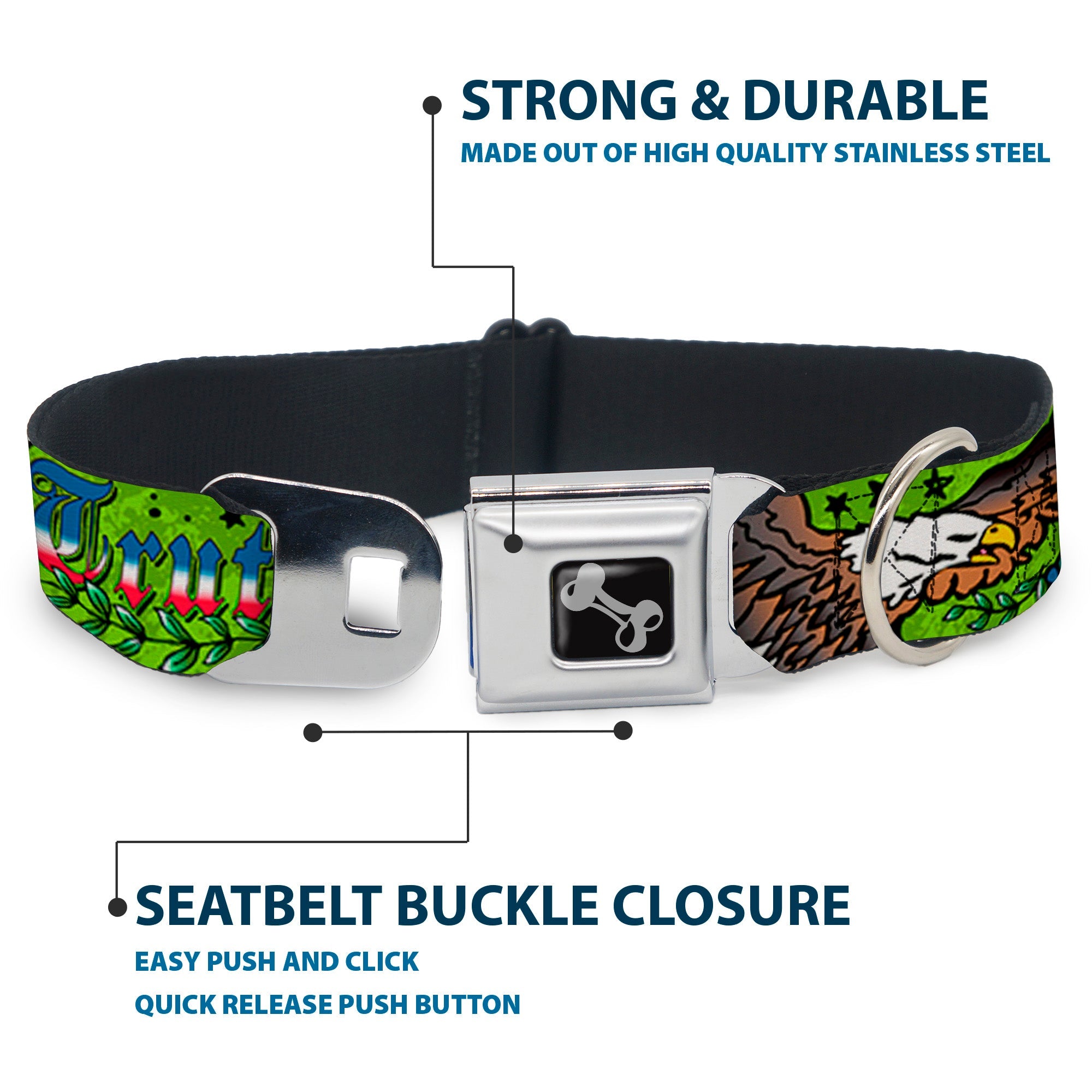 Dog Bone Seatbelt Buckle Collar - Truth and Justice Green