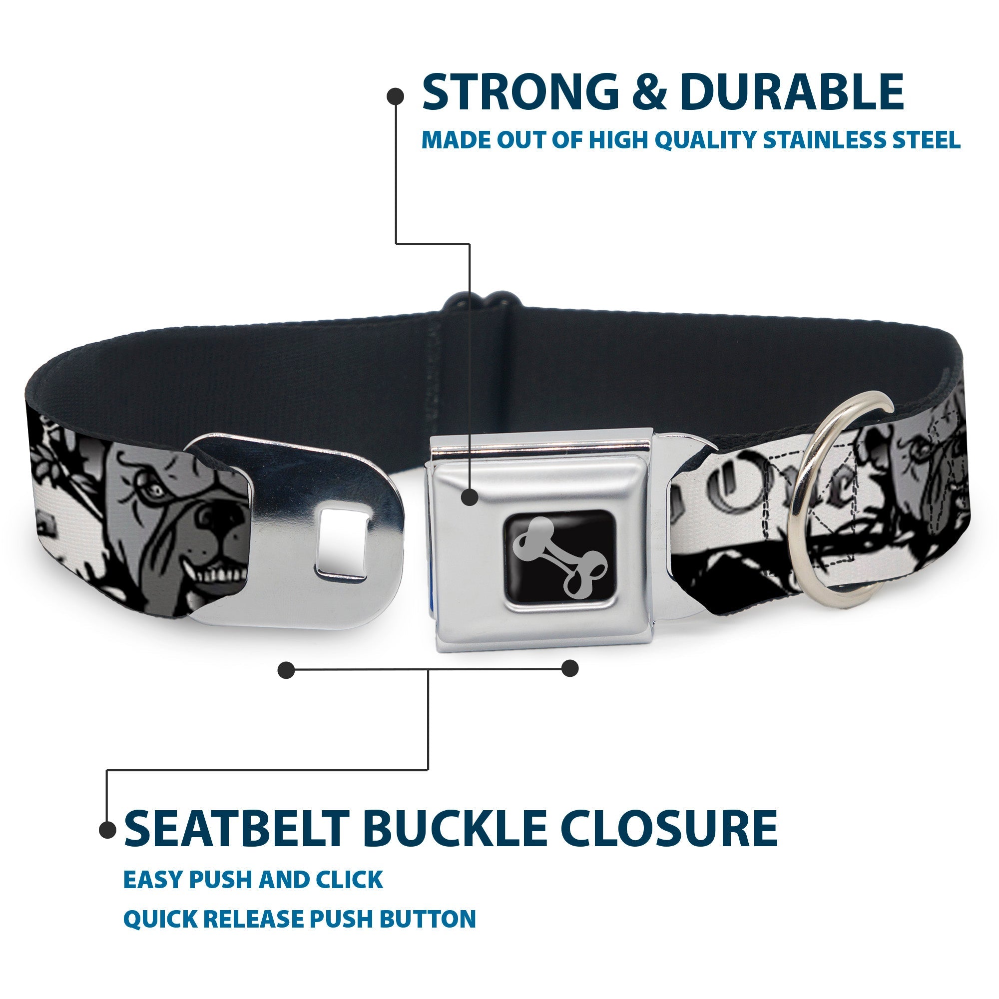 Dog Bone Seatbelt Buckle Collar - Trust No One Black/White