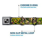 Dog Bone Seatbelt Buckle Collar - Trust No One CLOSE-UP Yellow/Green/Blue-S