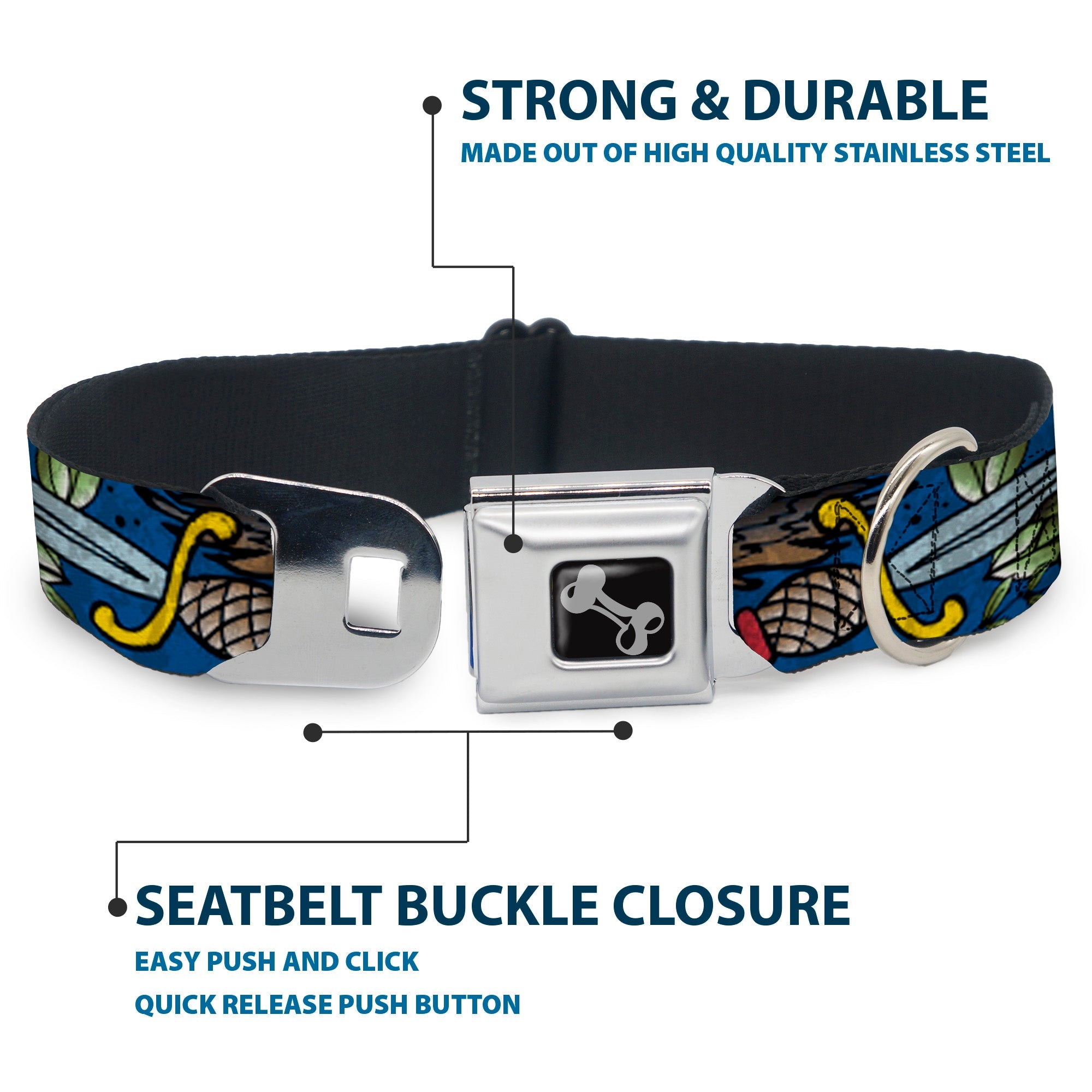 Dog Bone Seatbelt Buckle Collar - Truth and Justice CLOSE-UP Blue