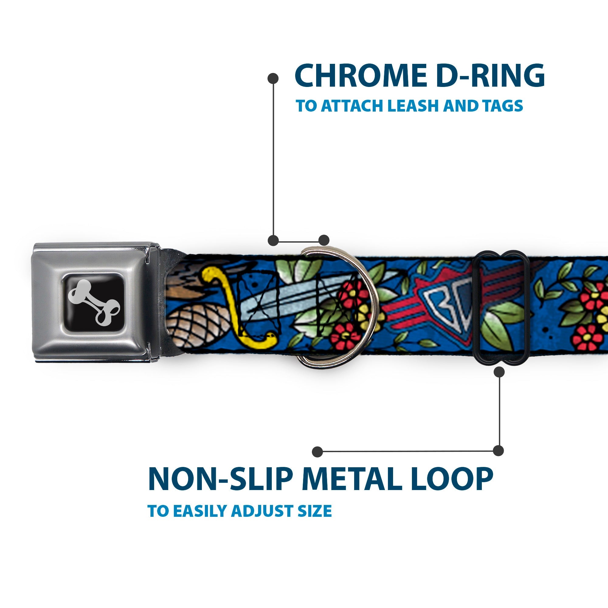 Dog Bone Seatbelt Buckle Collar - Truth and Justice CLOSE-UP Blue