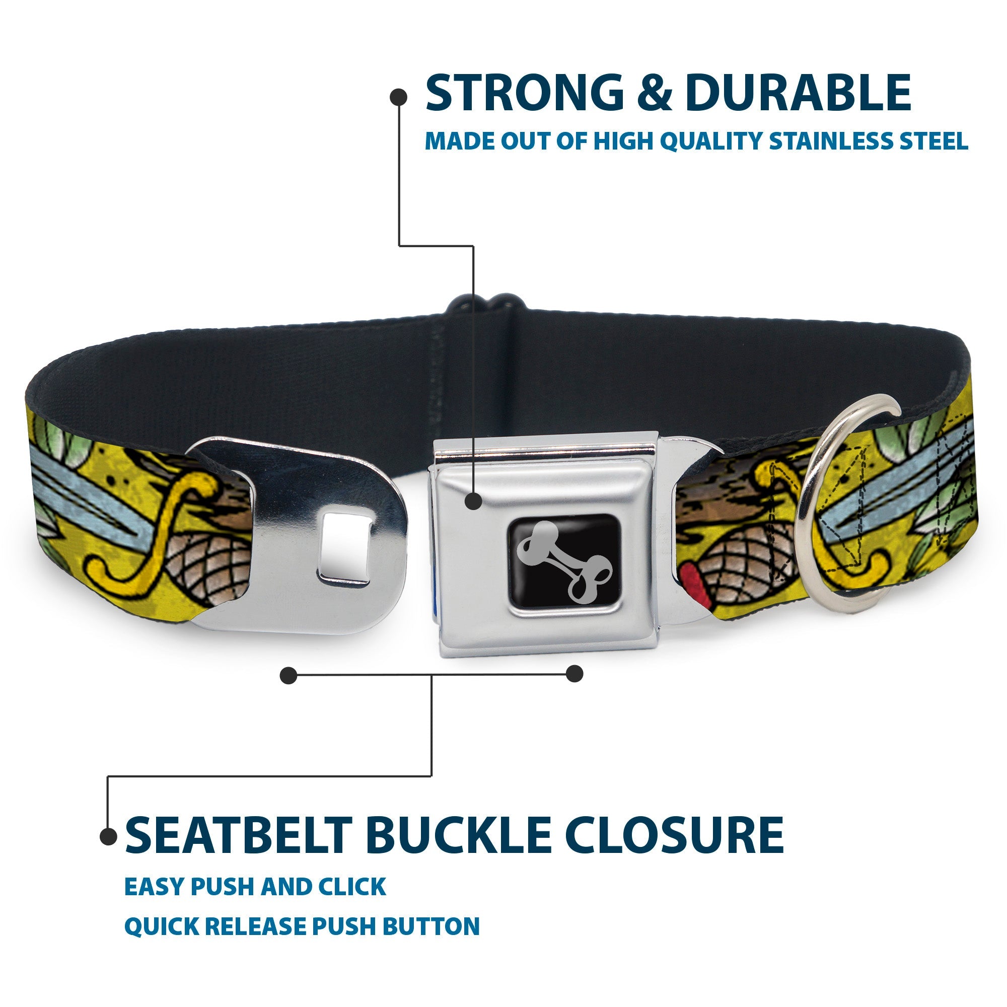 Dog Bone Seatbelt Buckle Collar - Truth and Justice CLOSE-UP Yellow