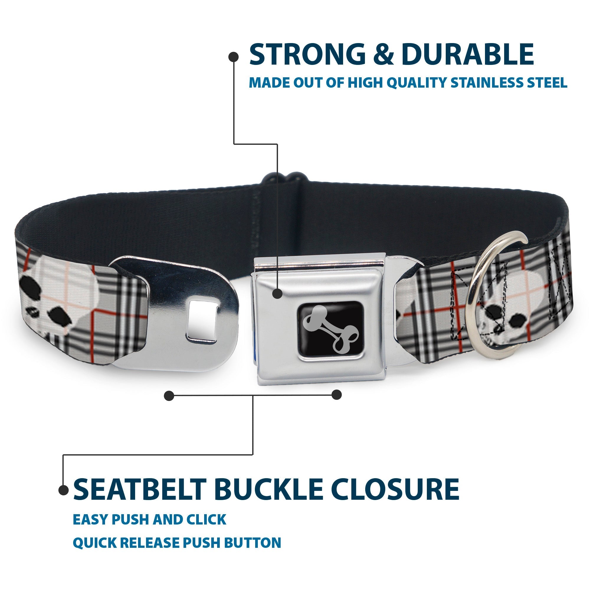 Dog Bone Seatbelt Buckle Collar - Tilted Skulls Plaid Gray