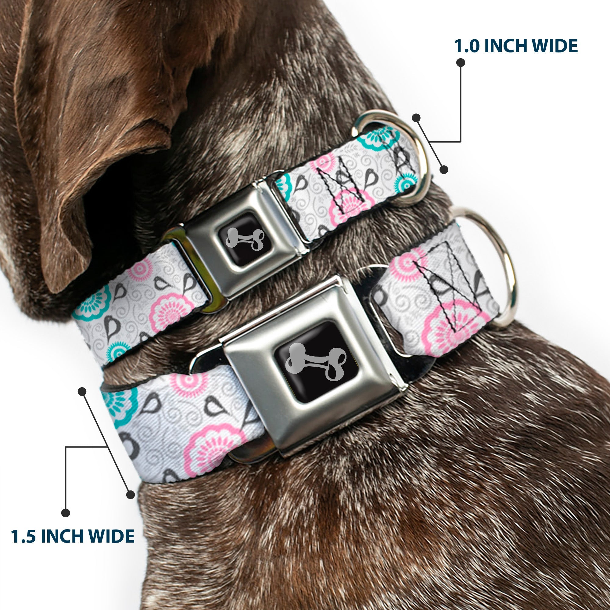 Dog Bone Seatbelt Buckle Collar - Bird Tapestry White/Gray/Turquoise/Pink