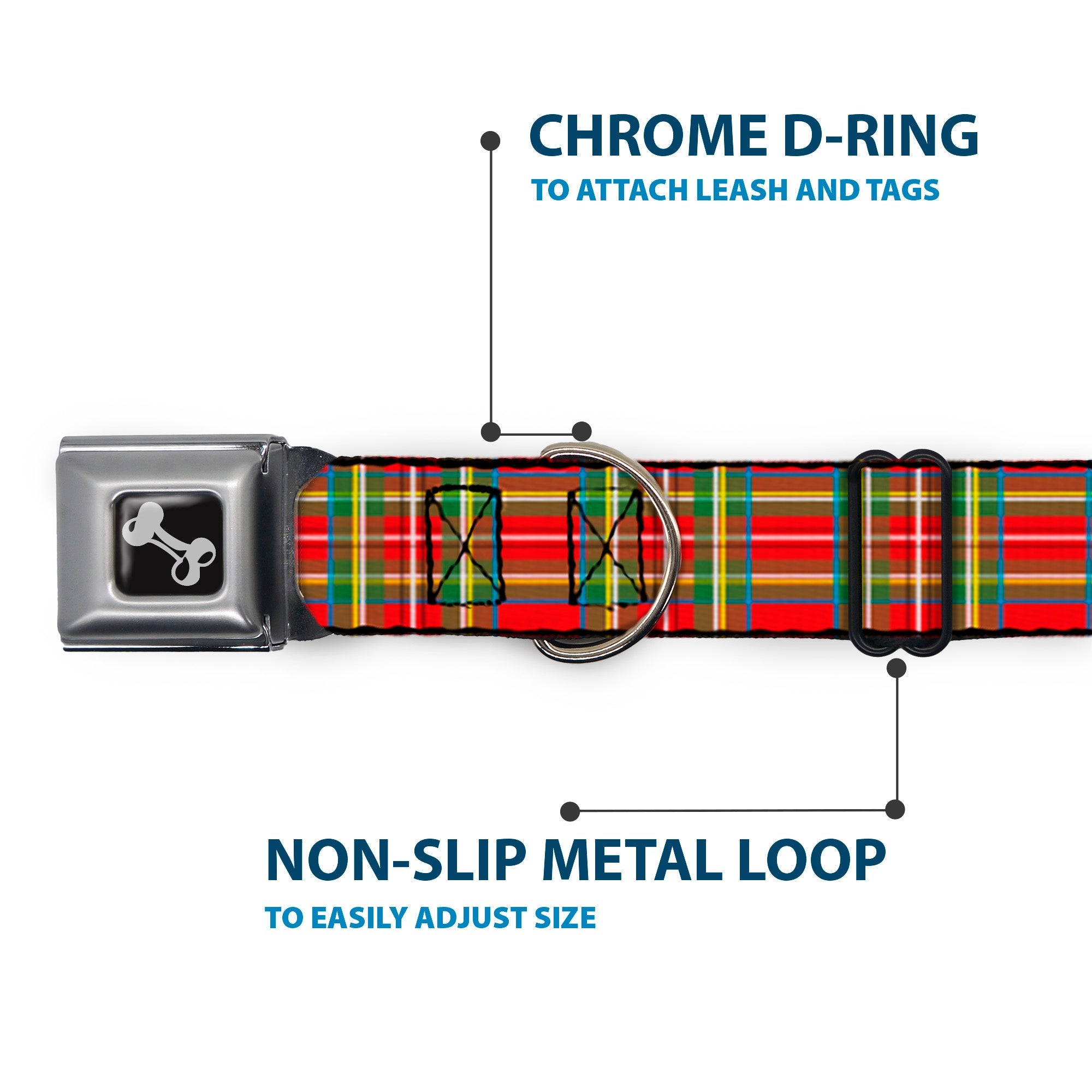 Dog Bone Seatbelt Buckle Collar - Tartan Plaid Red/Green