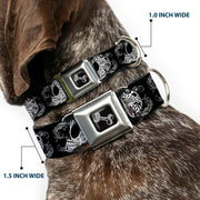Dog Bone Seatbelt Buckle Collar - Tattoo Skull Floral Black/White