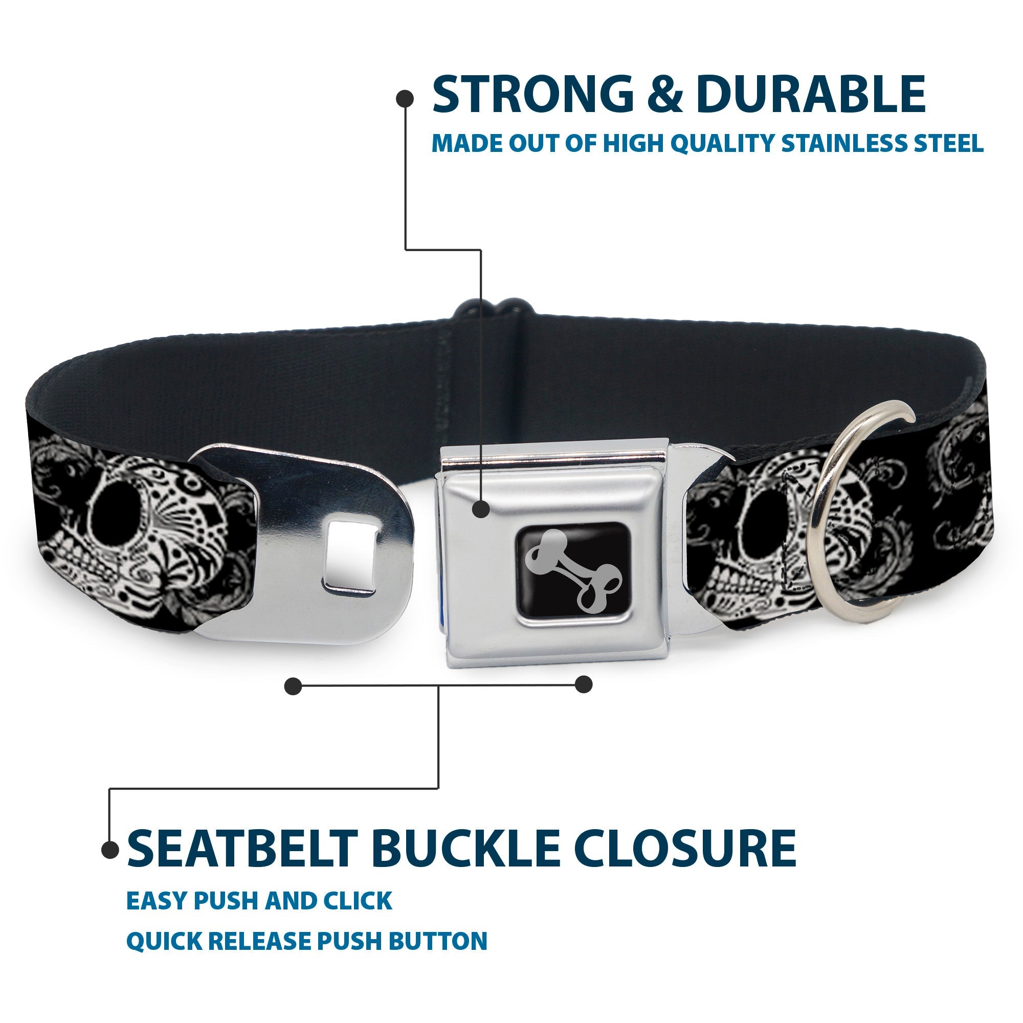 Dog Bone Seatbelt Buckle Collar - Tattoo Skull Floral Black/White