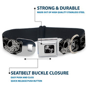 Dog Bone Seatbelt Buckle Collar - Tattoo Skull Floral Black/White